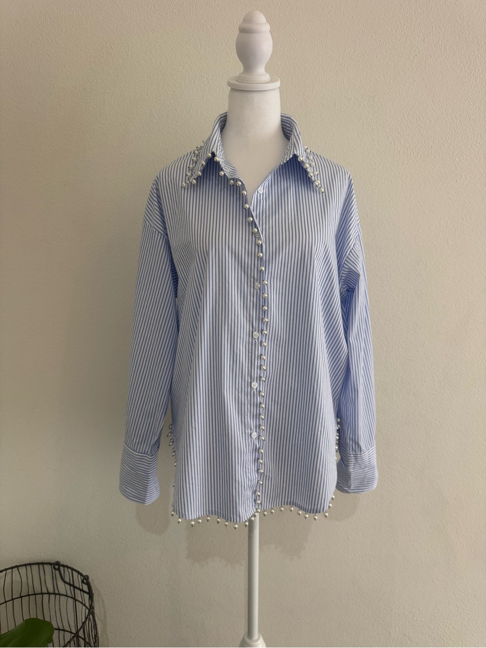 Blue Striped Pearl-Trim Button-Up Blouse